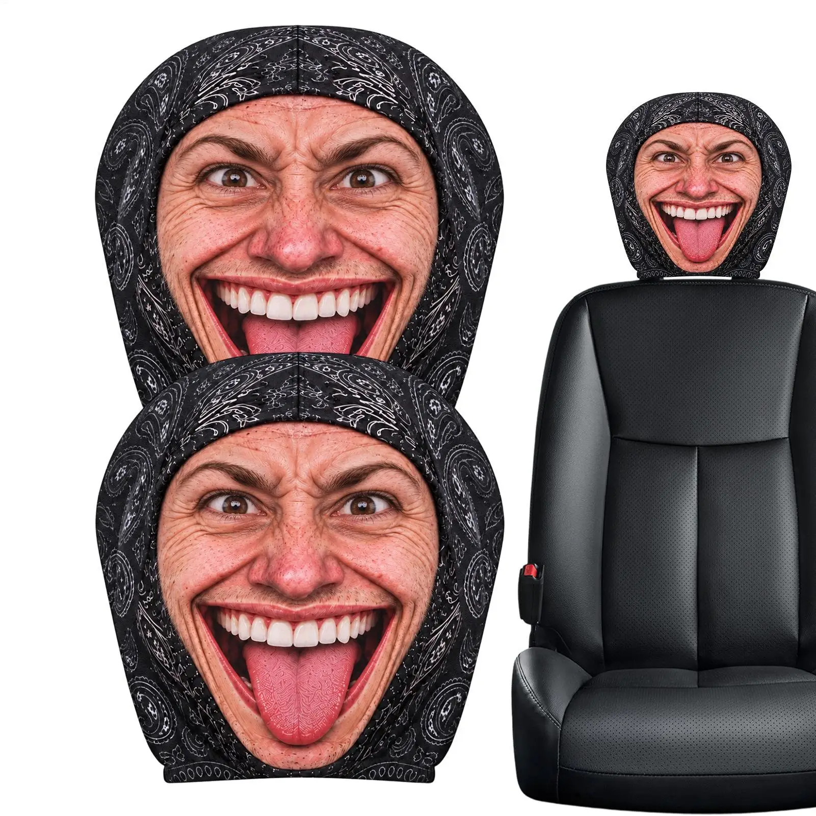Headrest Covers with Faces 2 Pieces Funny Face Print Universal Washable Fun Character Car Headrest Cover for Truck SUV Sedan