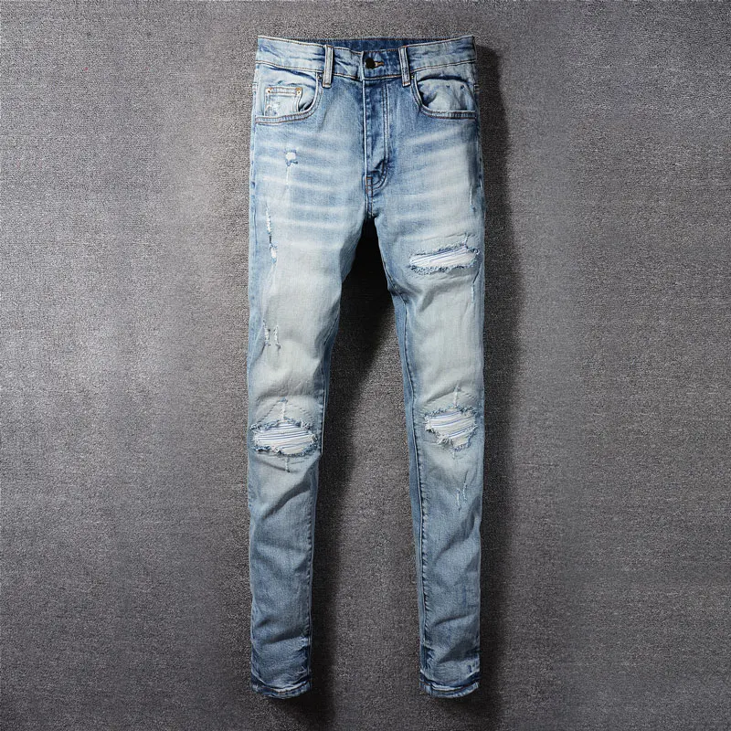 

Fashion New Men'sY2K Jeans, Washed, Nostalgic, Elastic, Slim Fit, Decal, Retro, Light Blue Jeans, High Street Hip Hop Brand Pan