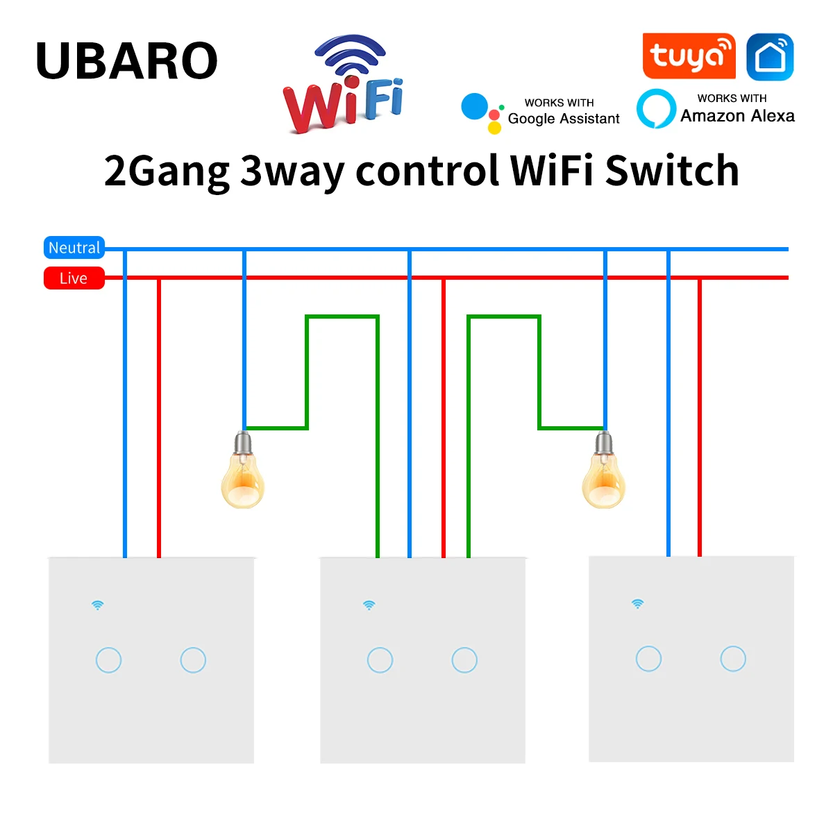 UBARO EU Standard 2 Way Wifi Smart Wall Switch Multi Control Voice Timer Sharing Function Works With Tuya App Home Improvemet