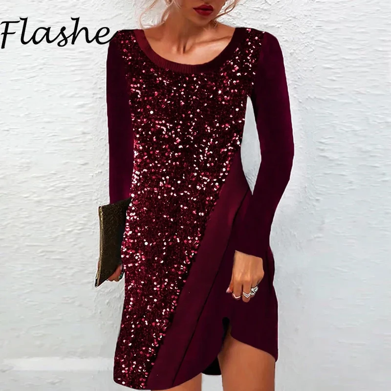 

Elegant Party Dress Women Autumn O Neck Sequins Design Mini Dresses For Women Fashion Long Sleeve Party Dress Red