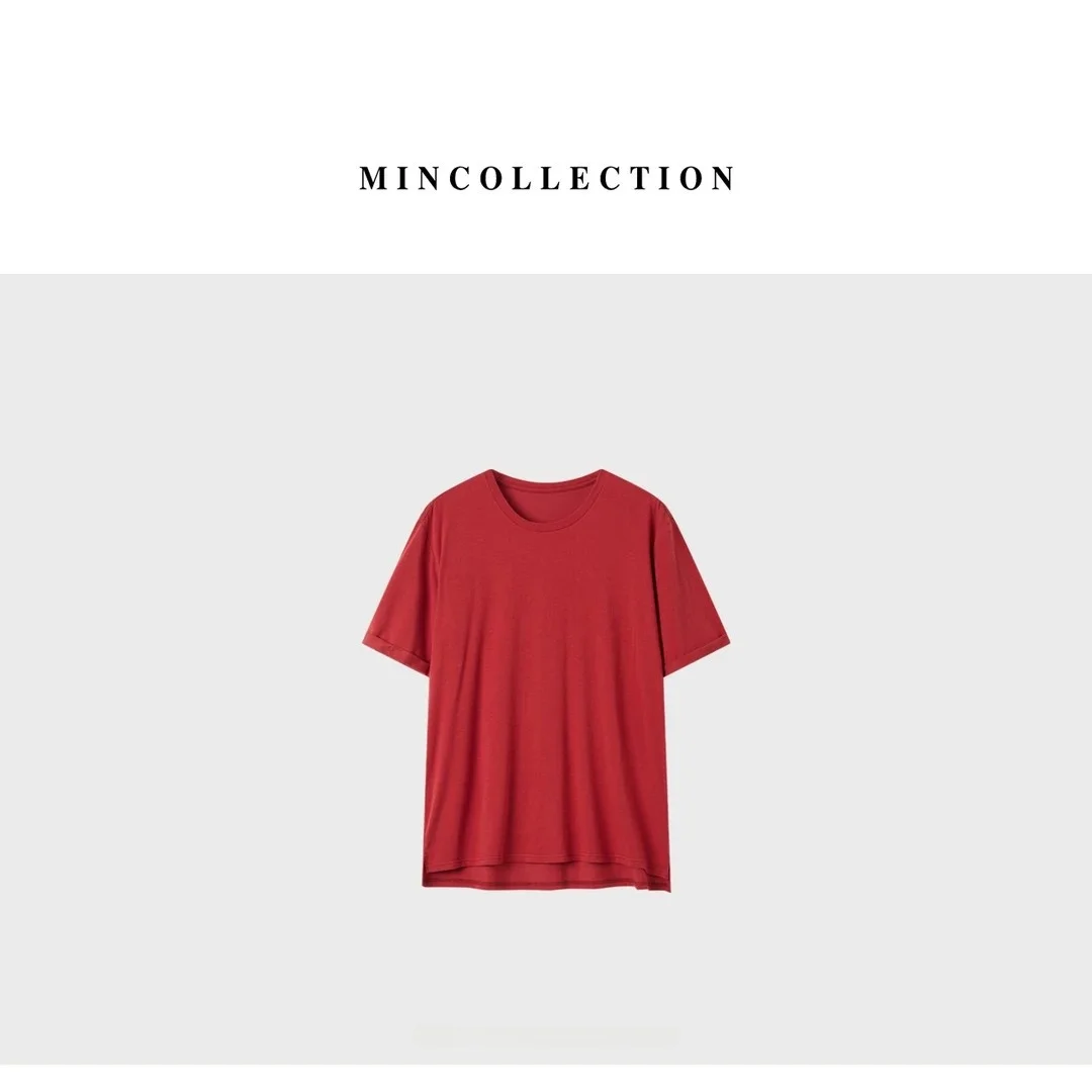 

Mincollection Lin Zhi Qing Vintage Red T-irt Casual Loose Fit Cotton ort Sve round Ne Color Summer Top