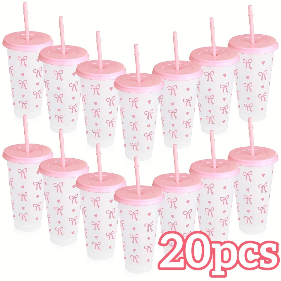 2/20pcs 24oz Reusable Party Cups with Straw & Lid Cute Bow Plastic Tumblers  for Cold Drinks Home Office Outdoor Use Summer Gift - AliExpress 15