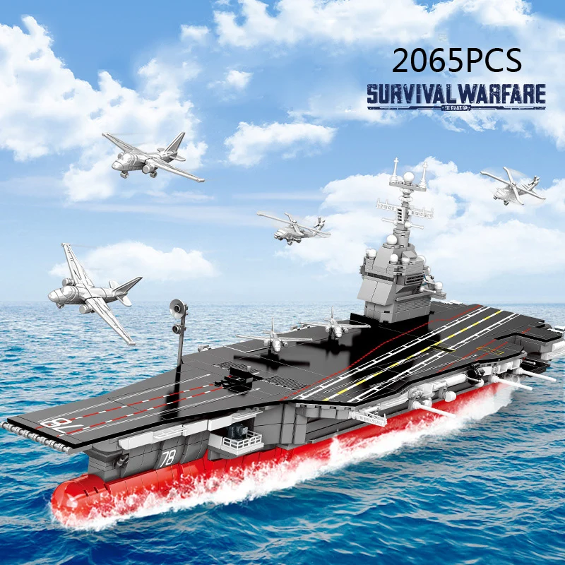 Porte-avions USS Gerald R.Fords, véhicule militaire moderne, modèle USA CVN-78, bloc de construction, figurines de l'armée de la seconde guerre mondiale, jouet en brique avec lumière