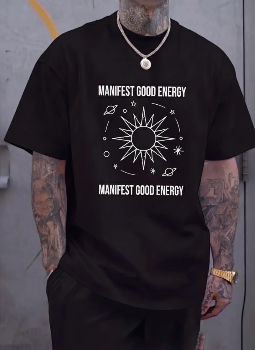 

Manifest Good Energy Celestial Sun Graphic Tee with White Line Art and Planets Affirmation Print Printed Tee Casual Wear Unisex