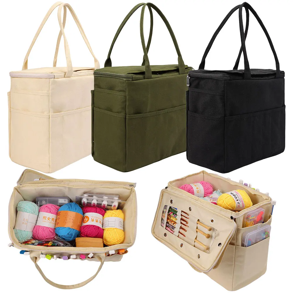 

Canvas Yarn Storage Bag Large Capacity Crochet Bag with Multi-layer Pockets Knitting Bag for Hooks Knitting Needles