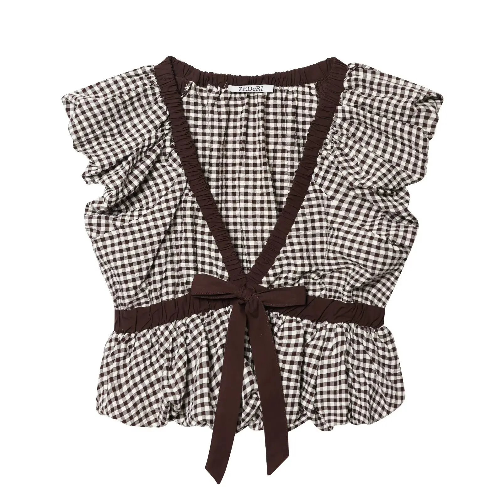 Women's Fashion Casual Small Bow Top Brown White Gingham V Neck Ruffle Sleeve Tie Waist Crop Top Vintage Blouse For Women L7WJ