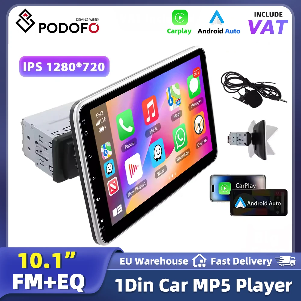 Podofo 10,1 Zoll HD Manuell Einziehbarer Touchscreen 1DIN Auto-MP5-Player Carplay Autoradio FM-Empfänger Multifunktionaler Multimedia-Videoplayer für Universalfahrzeuge