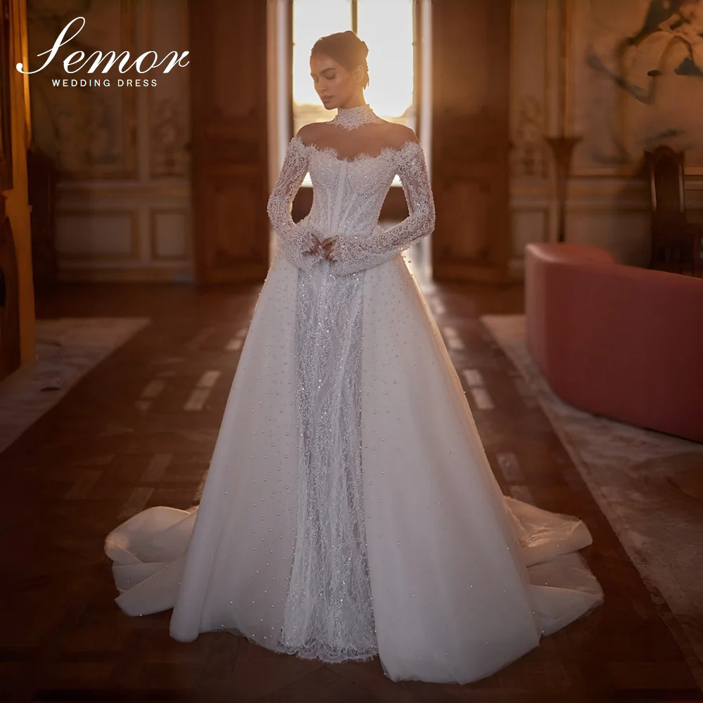 Semor Luxury Long Sleeve Lace Wedding Dress Pearl Beaded Two Pieces Romantic vestido de novia Detachable Train For Women 2027