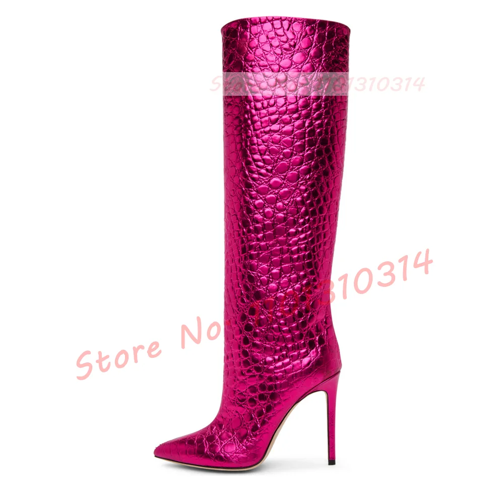 

Pink Metallic Croc Tall Boots Women Fashion Pointy Stiletto High Heels Shoes Ladies Sexy Slip-on Plus Size Shiny Knee-High Boots