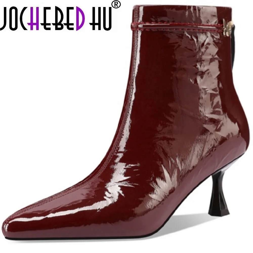 

【JOCHEBED HU】Handmade Genuine Leather Brand Design Short Boots Retro Pointed Heel Ankle Short Boots Casual 33-43