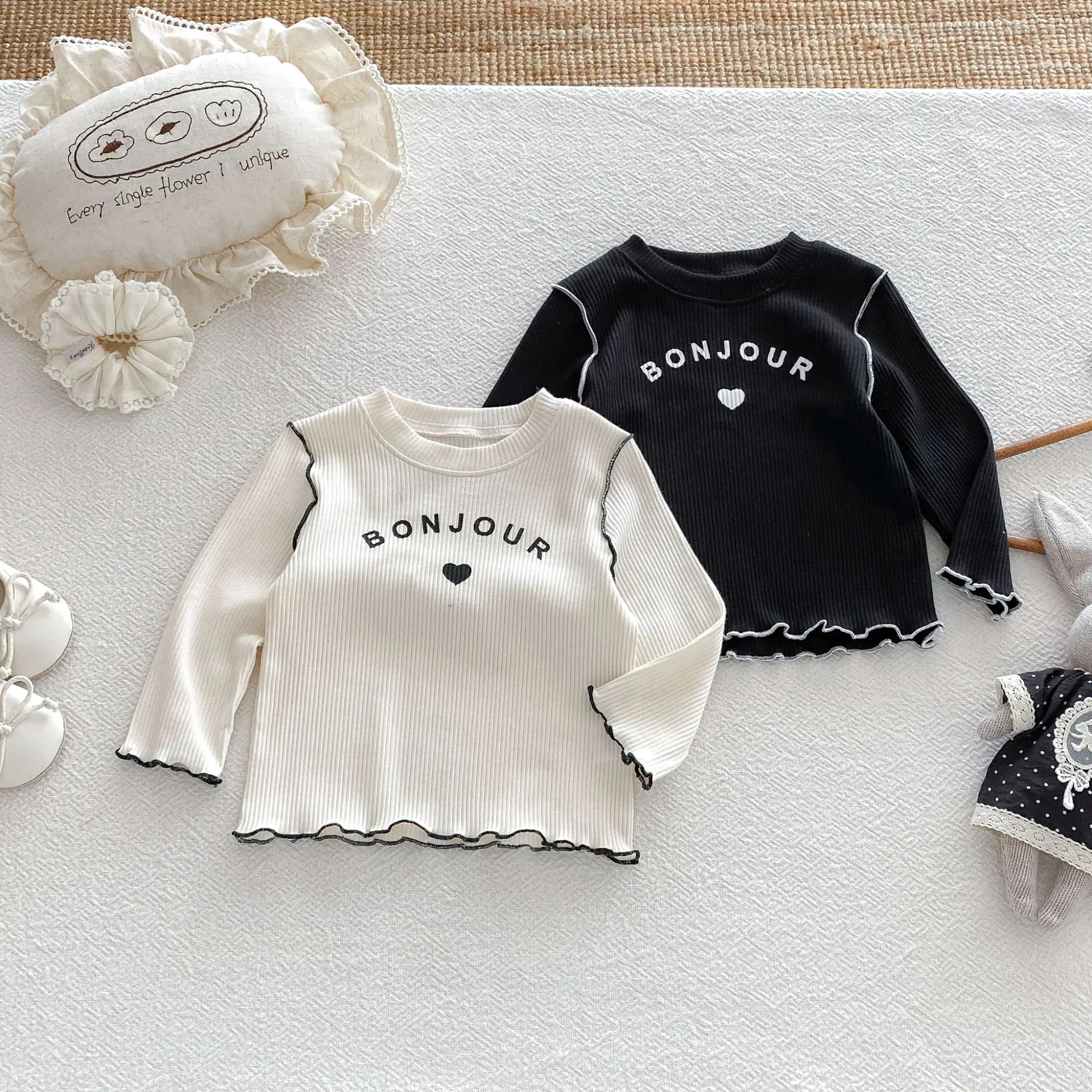 Baby Autumn Outfit Korean Version Fungus Side Length Sleeve Groove Printed T-shirt for Girls and Babies Versatile Base Shirt Top