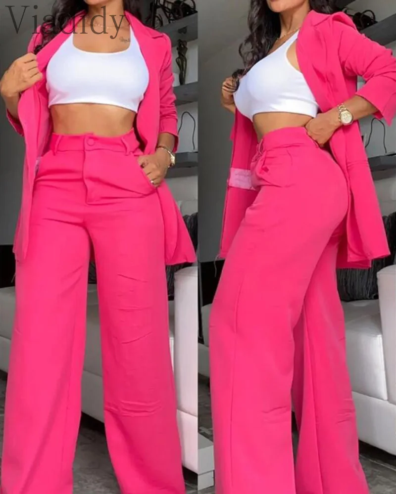 

Formal Office Pant Suits Sets Notched Collar Long Sleeve Blazer Coat and Pocket Design Wide Leg Pants 2PCS Set Female