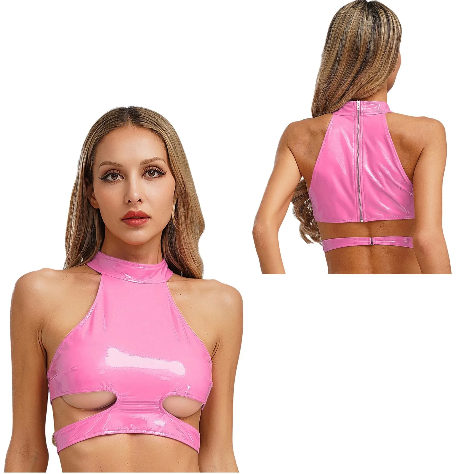 

Wetlook Women Cutout PU Leather Cropped Tank Tops Halter Sleeveless Hollow Out Back Zipper Vest Party Rave Outfit Nightclub Wear