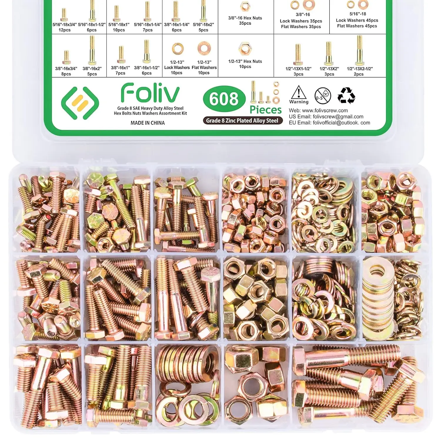

608pcs Grade 8 Bolts and Nuts Assortment Kit, SAE Hex Heavy Duty with Washers, Labeled Box