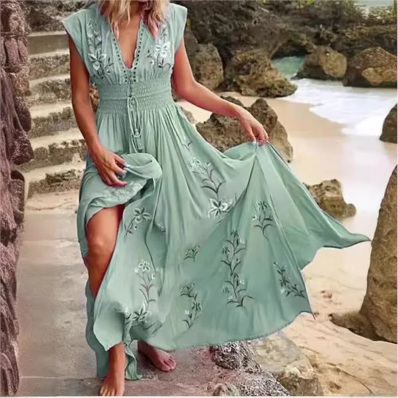 2024 New Summer Women\'s Deep V-neck Beach Bohemian Print Dress Ladies Sleeveless Sexy High Waist Lace-up Holiday Maxi Dress