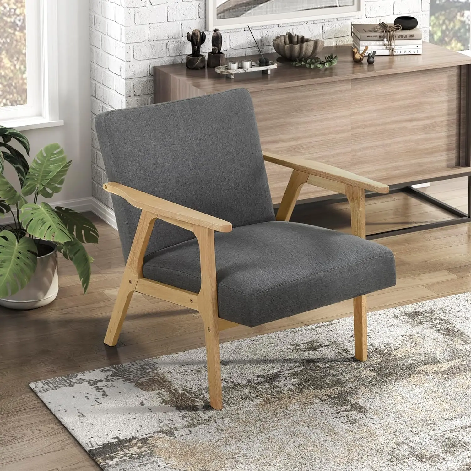 

Mid Century Modern Accent Chair,Upholstered Lounge Armchair, Single Sofa Seat,Natural Finish Solid Wood Framed Comfy Side Chairs