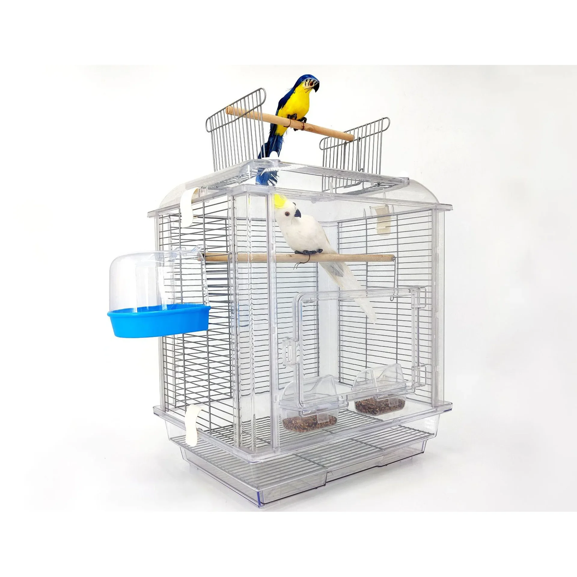 Hot High Quality Safety Plastic Throw In Sticks And Food Bowls Clear Decoration Metal Hanging Cages Of Birds