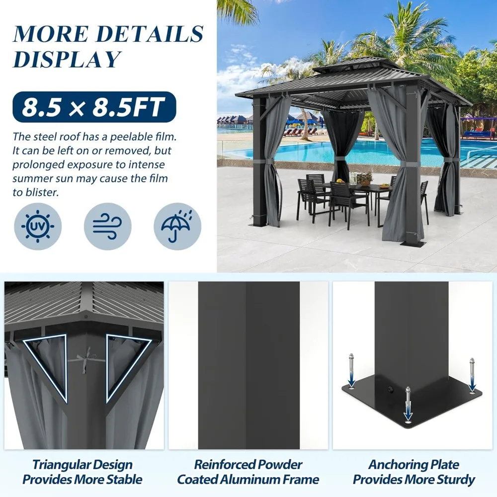 

8.5' x 8.5' Outdoor Hardtop Gazebo - Aluminum Heavy-Duty Double Roof Vented Gazebo with Breathable Netting, Customized
