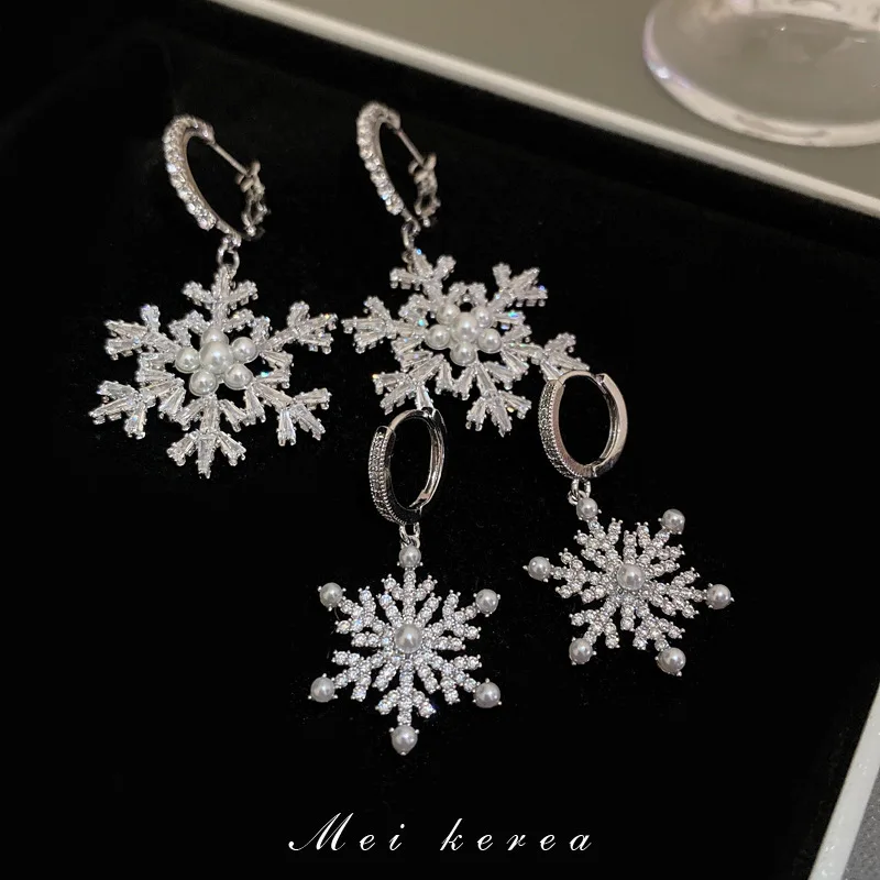 Korean Silver Needle Zirconia Snowflake Pearl Drop Earrings For Women Christmas New Year Jewelry Earrings Gifts Party