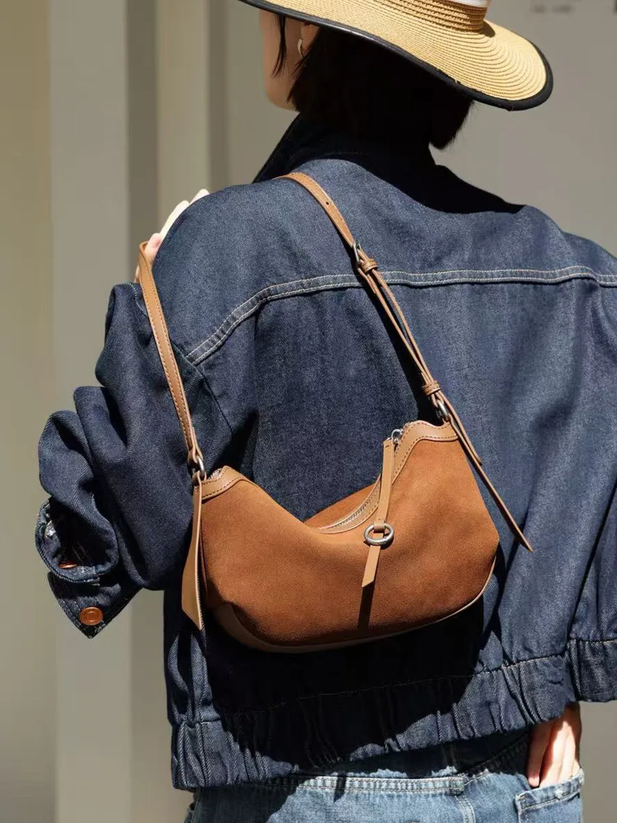 New Autumn/Winter Retro Suede Crescent-shaped Underarm Bag Fashion Genuine Leather Shoulder Bag Women Versatile Crossbody Bag