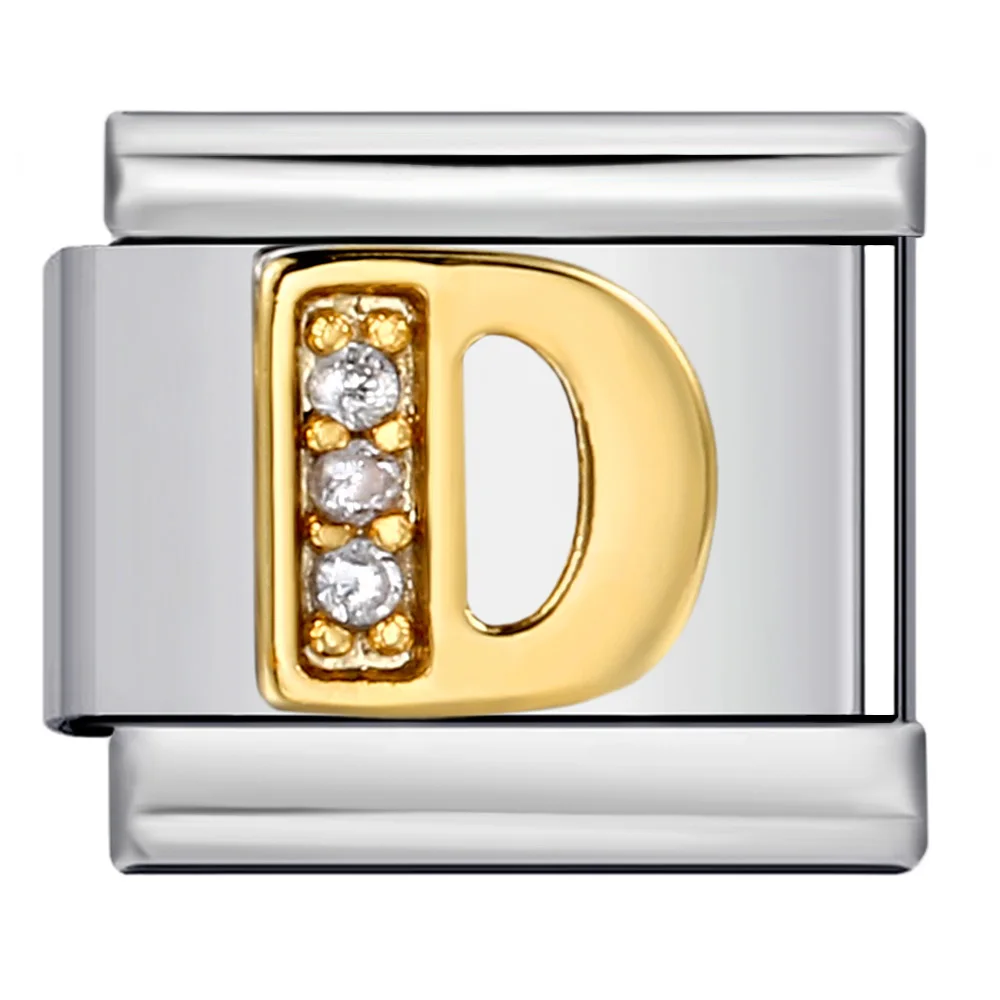 New Fashion A-Z 26 Letter Gold Color Inlaid Zirconia Italian Charm Link Fit 9mm Stainless Steel Bracelet Making DIY Jewelry