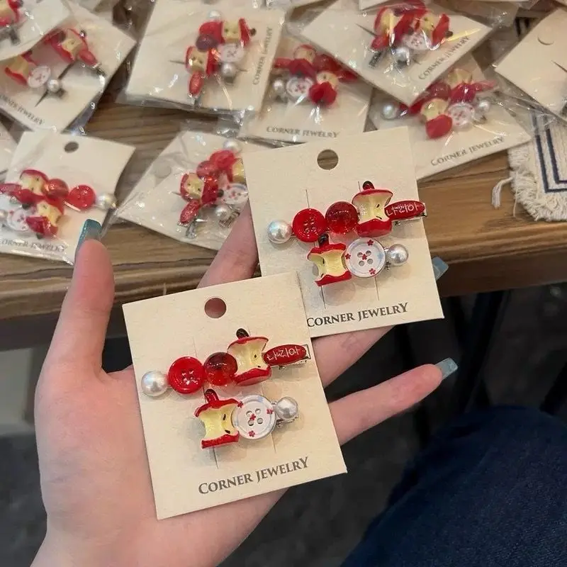 Süße apfelförmige Knopfperlen-Haarspange für Damen, süße, vielseitige Haarnadel, seitliche Entenschnabel-Clip, Haarspangen, Haar-Accessoires, Mädchen-Geschenk