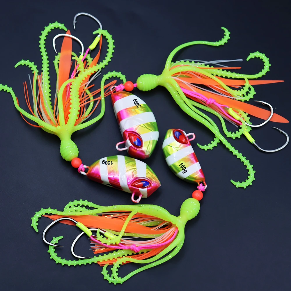 ZYZHE 1 Stück Hybrid-Jig für Meeresangeln 100/150/200G JIG mit Weichem Oktopus-Köder Salzwasser-Bootsangelköder Ideal für Tiefseeangeln – Detail 8