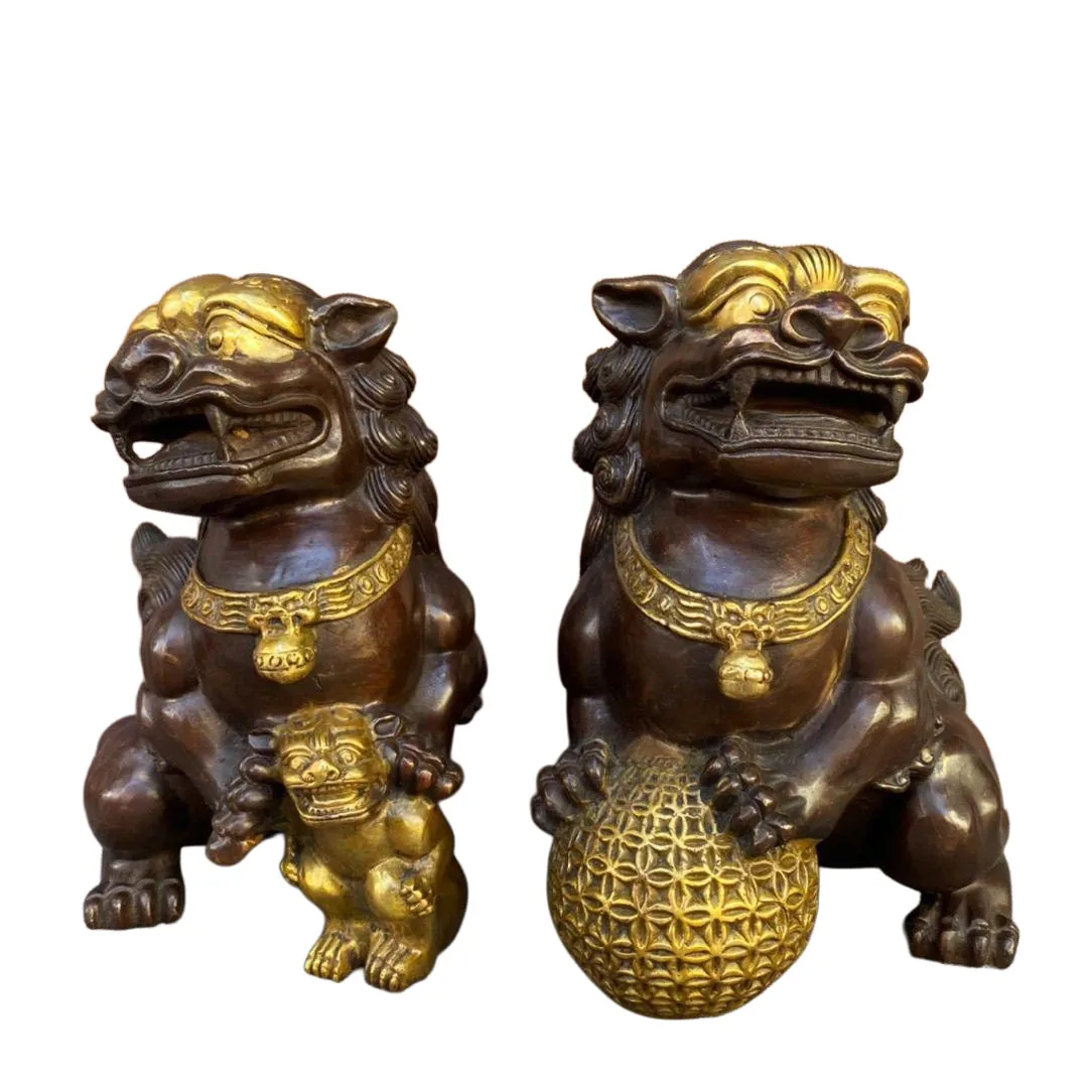 Large Pair Bronze China Lion Foo Dog Statue Figure Sculpture blessing treasures