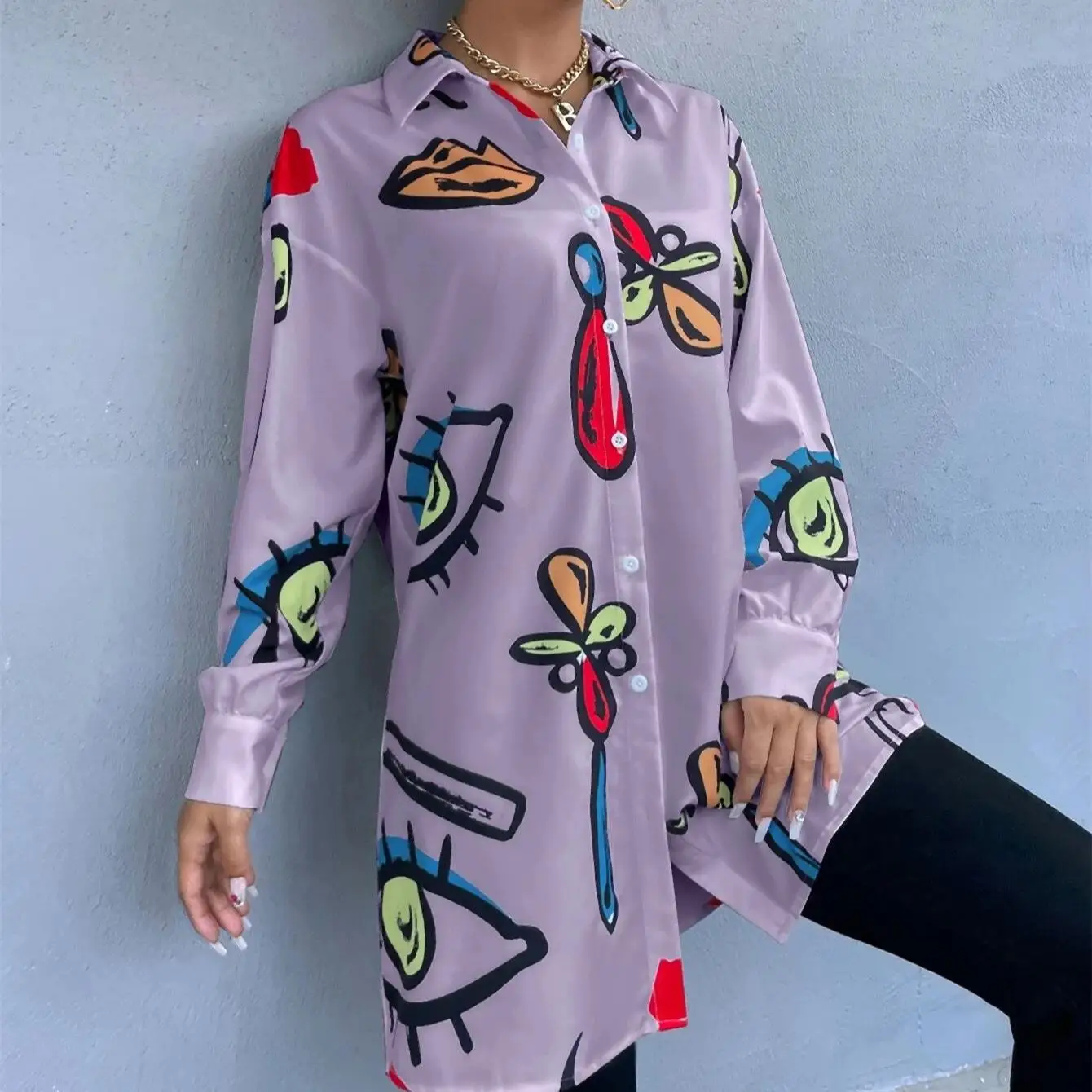 

Женский топ с принтом Long Sve irt, модный повседневный женский топ средней длины из полиэфирного волокна с принтом Single irt