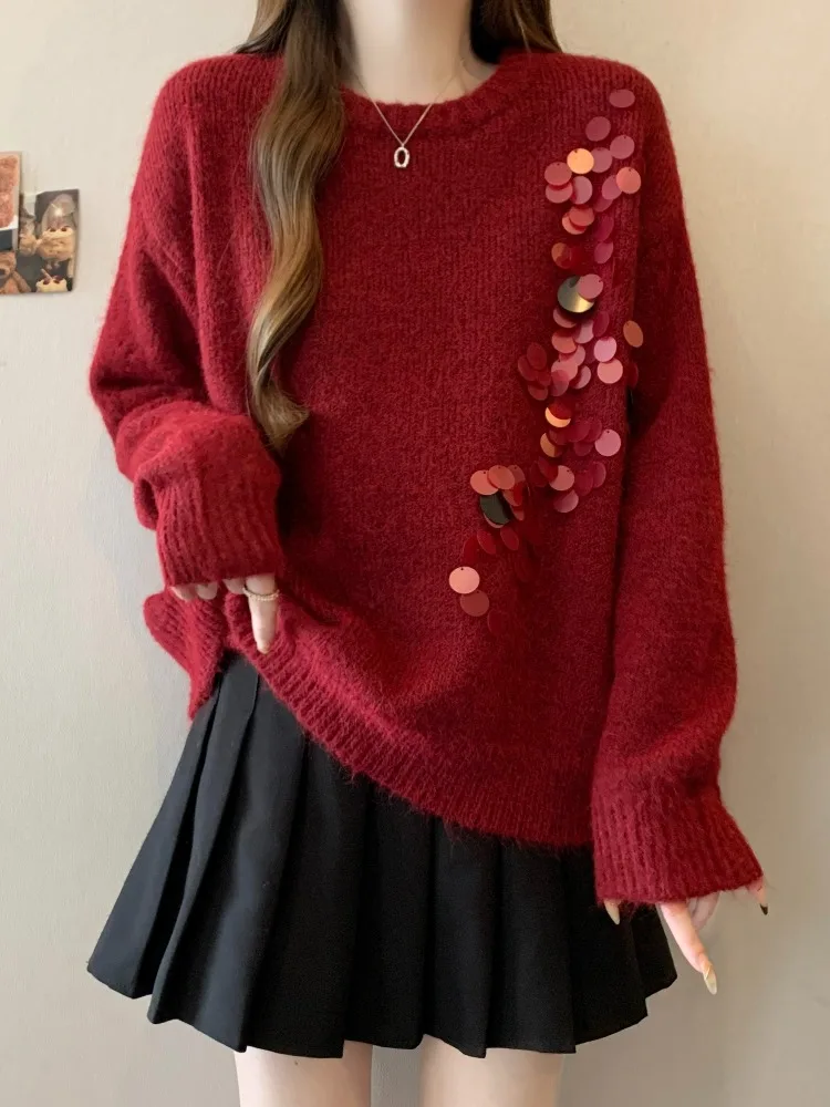 Ele Rode Gebreide Trui Dames Lente Herfst Winter Grote Maat Heldere Pailletten Top Faionable Oulder Dames Knitwear