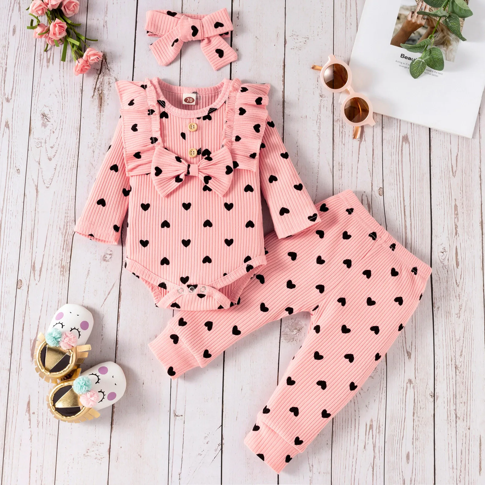 Girls Size 8 Clothes Infant Baby Girls Two-Piece Suit Heart Print Ribbed Bow Romper Tops+ Pants Headband Outfits Sleeve Bodysuit