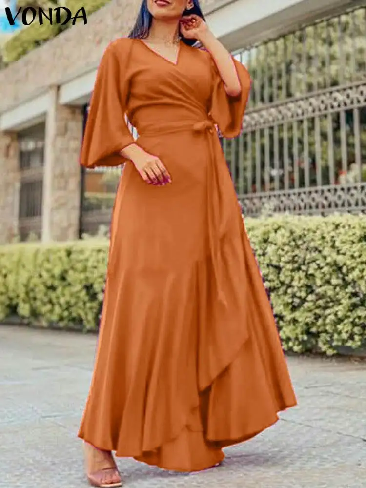 Plus Size 5XL VONDA 2024 Autumn Elegant Maxi Long Dress Women Ruffle Sundress V Neck Solid Color Casual Satin Party Robe Belted