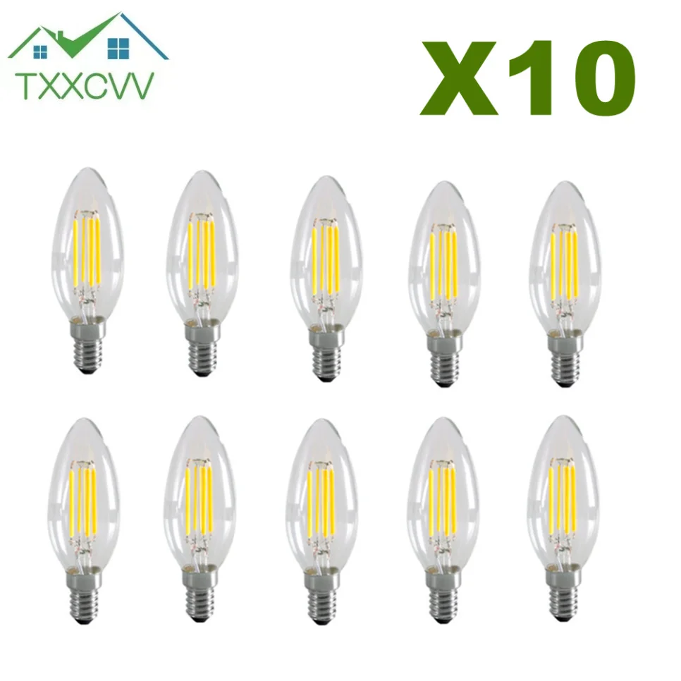 

10pcs E14 220V LED Bulb Filament Candle Lamp C35 Edison Retro Antique Vintage Style Cold/Warm White 2W/4W/6W Chandelier Light