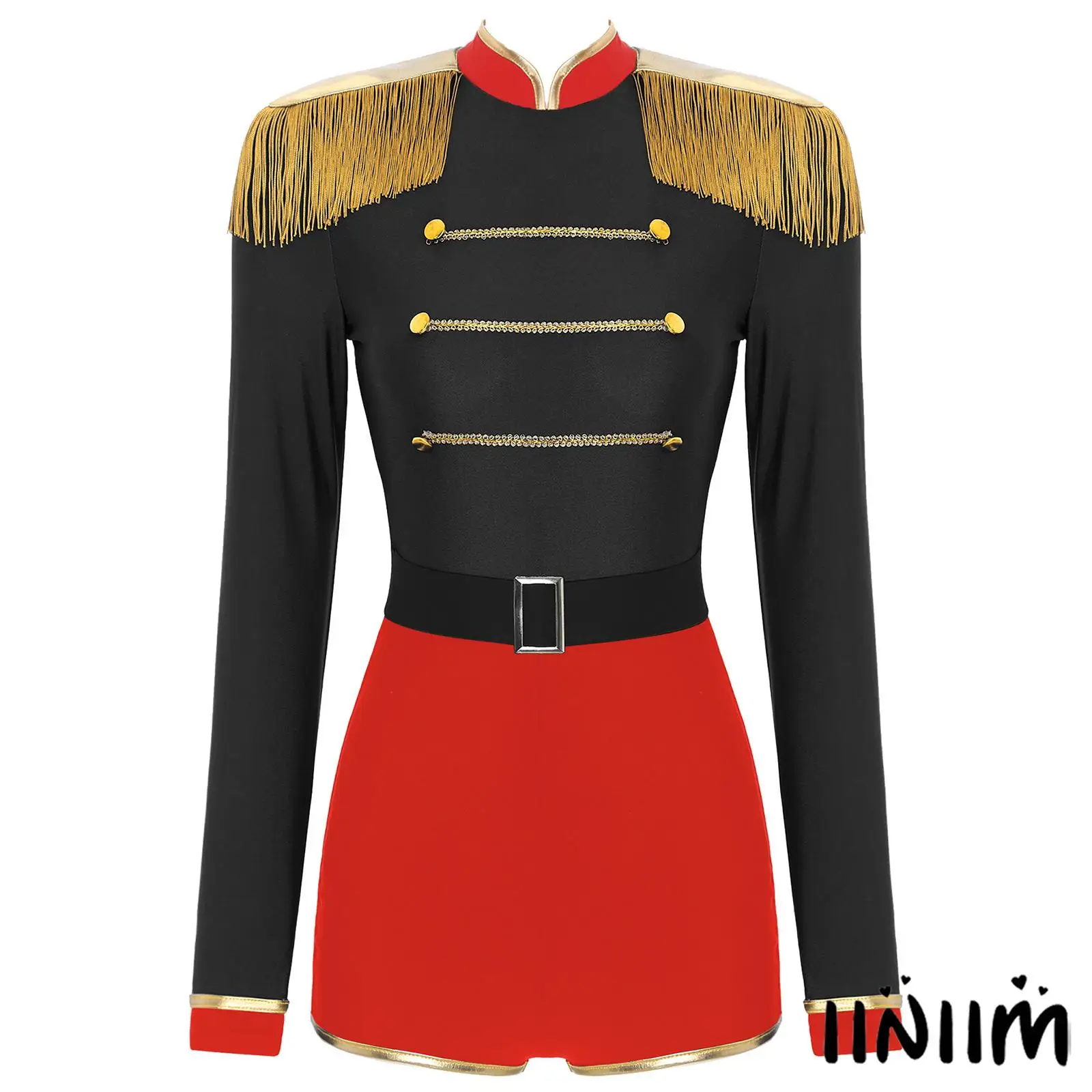 

Womens Circus Ringmaster Jumpsuit Fringe Shoulder Boards Gold Decorated Contrast Bodysuit Showman Halloween Cosplay Costume