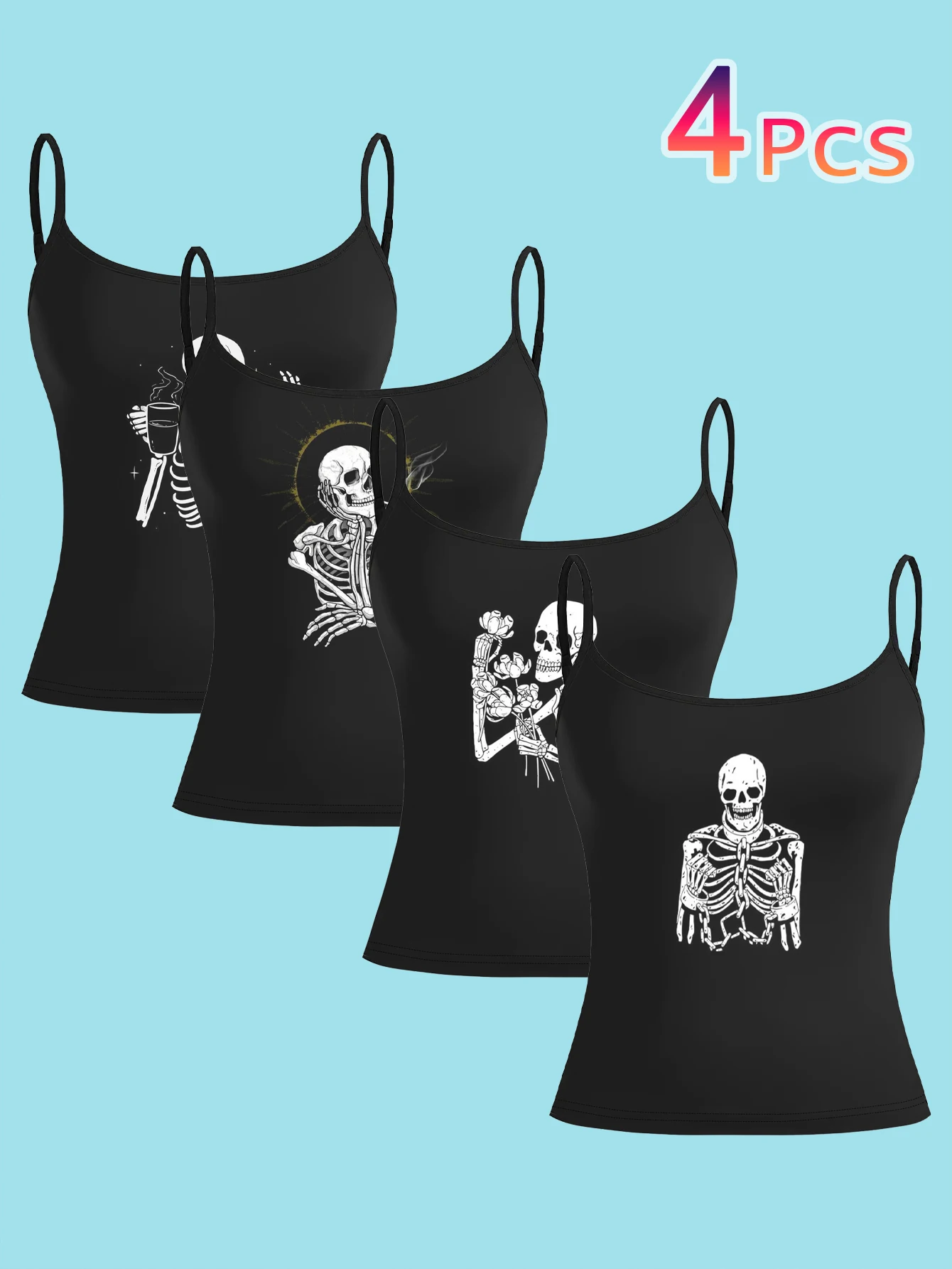 Women's 4-Pack Printed Camisole Tops with Simple Sketch Designs of Skulls Holding Coffee, Halo Skulls, Skulls Holding Bouquets, and Minimalist Full-Body Skeleton Patterns, Slim-Fit, Flattering, Sleeveless Outerwear Tops