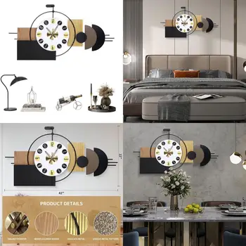 Contemporary Large Geometric Wall Clock - 42x21.6 Inch, Battery-Powered, Silent, Wood & Metal Frame for Home & Office