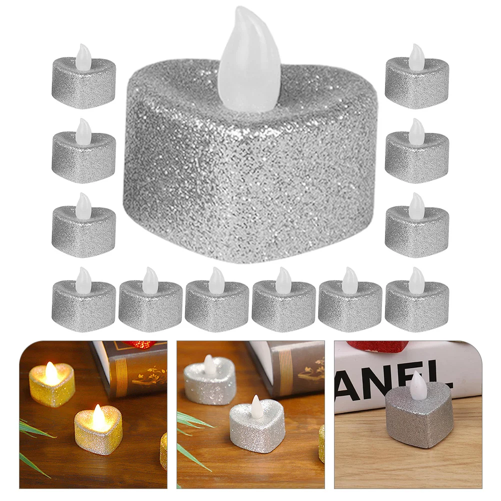 

24 Pcs Heart Shaped LED C les Silver Pink Operated Flameless Electric Tea Lights Small Lamp Romantic Decor
