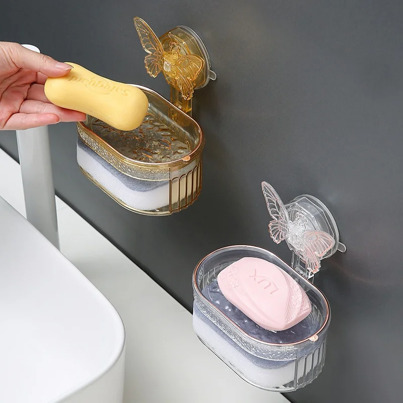 Soap Box Drill-free Wall-mounted Double-layer Suction Cup Butterfly Soap Holder Drain Rack Kitchen Bathroom Sponge Storage Box