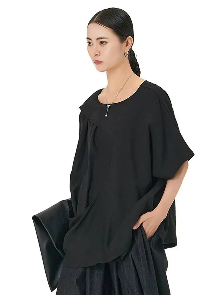 Women Black Irregular Spliced Big Size Casual T-shirt New Round Neck Short Sleeve Fashion Tide Spring Summer