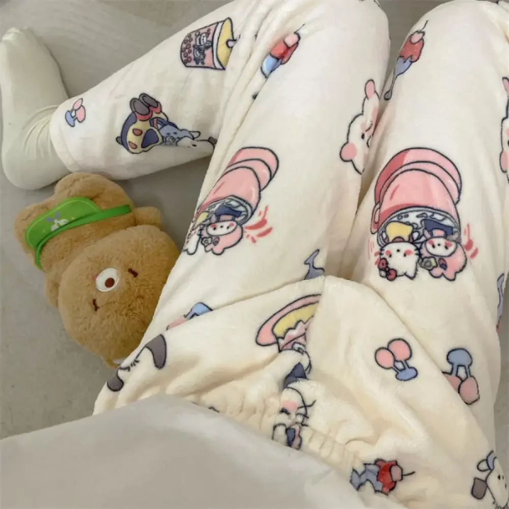 Sanrioed Cartoon Hangyodon Women Plush pajama pants Anime Kawaii Cinnamoroll Kuromi Coral Fleece Thicken Warm Girls Pants