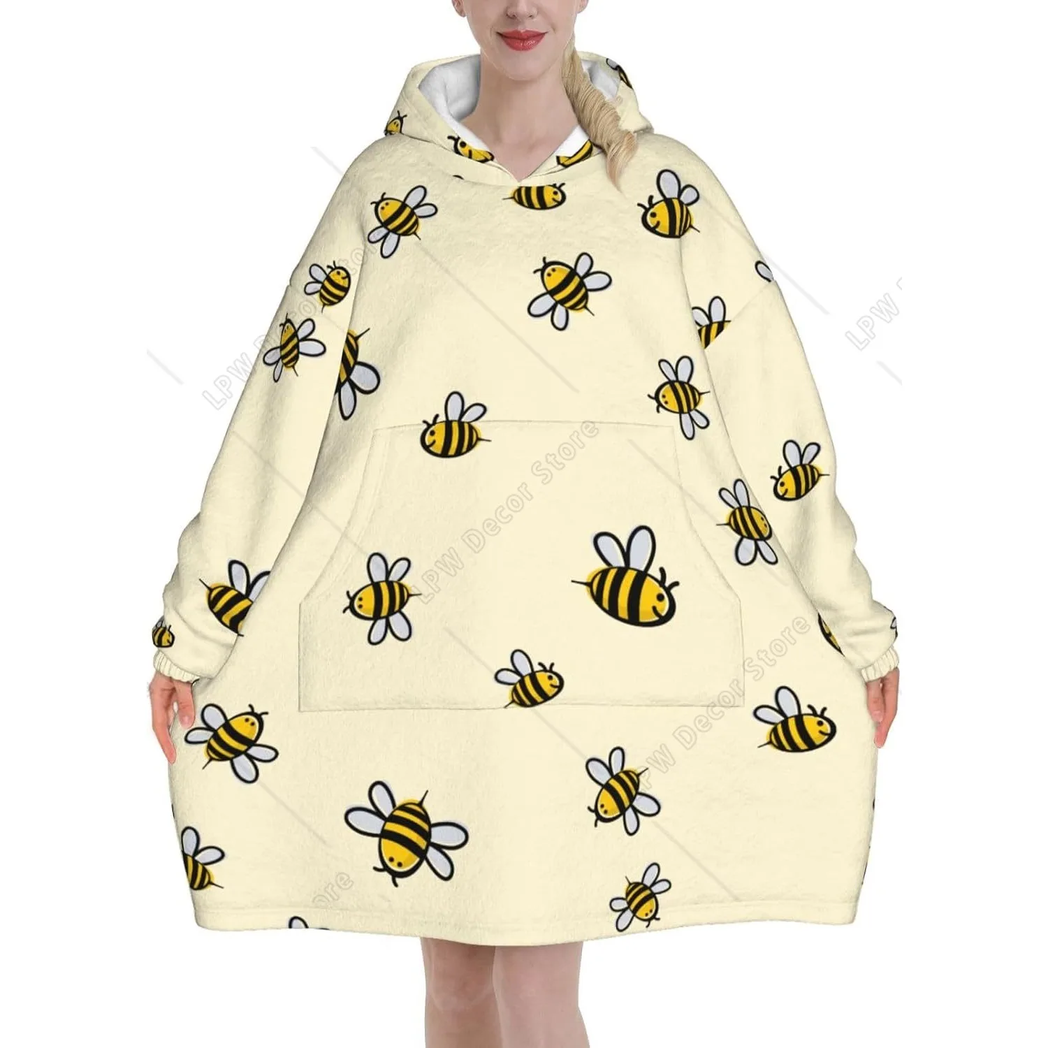 

Милое фланелевое носимое плюшевое одеяло с рисунком пчелы для взрослых и карманами, ультрамягкая плюшевая теплая толстовка с капюшоном