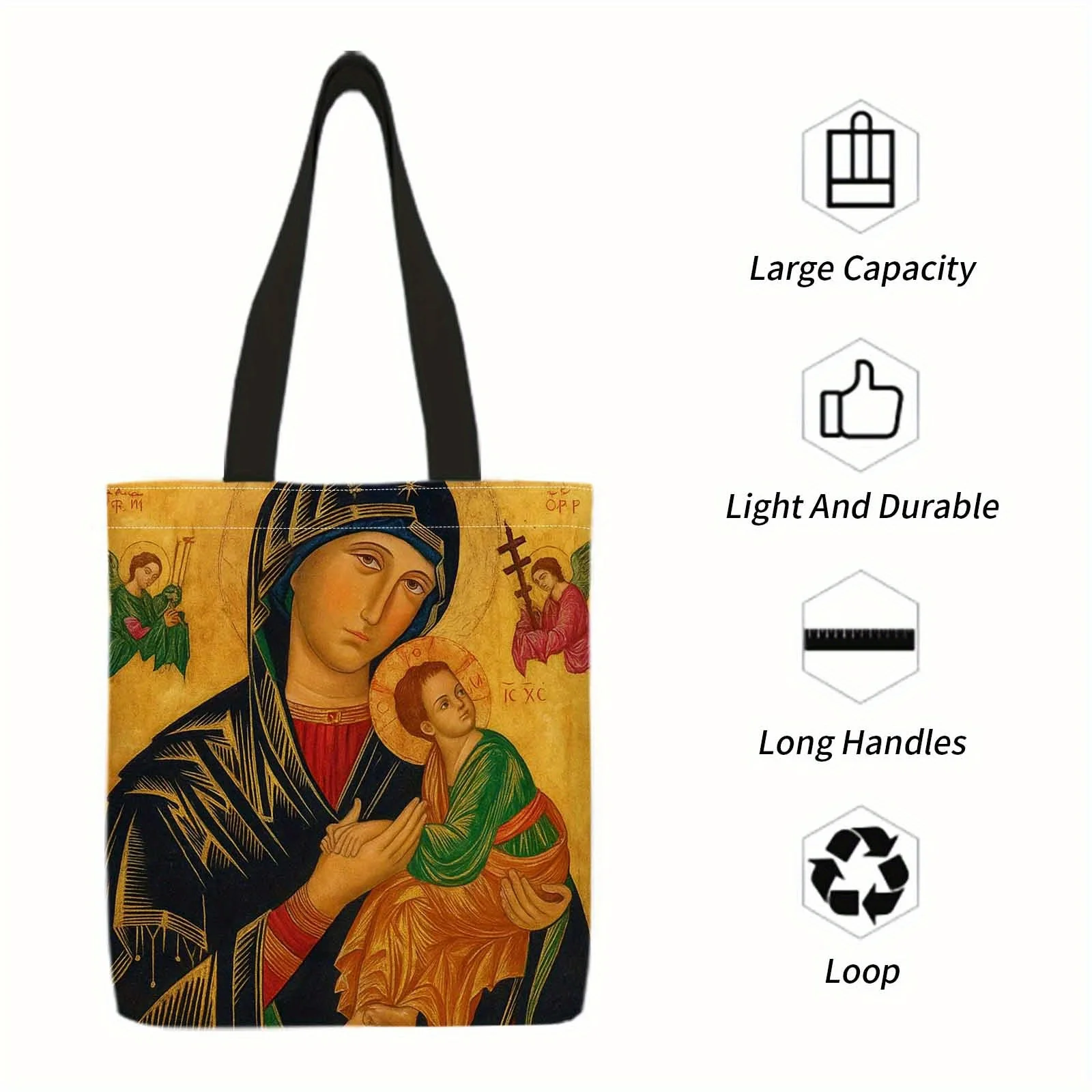1pc Large Capacity Tote Bag with Virgin Mary Jesus Christ Religious Design Heavy-Duty Christian Church Bag Golden Background