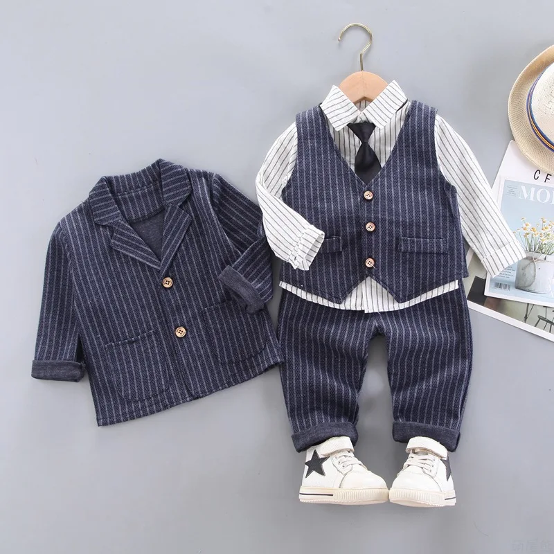 

New Spring Autumn Boys Clothing Set Handsome Stripe Design Coat +Vest +Shirt +Pants Suit For Kids Children Birthday Present