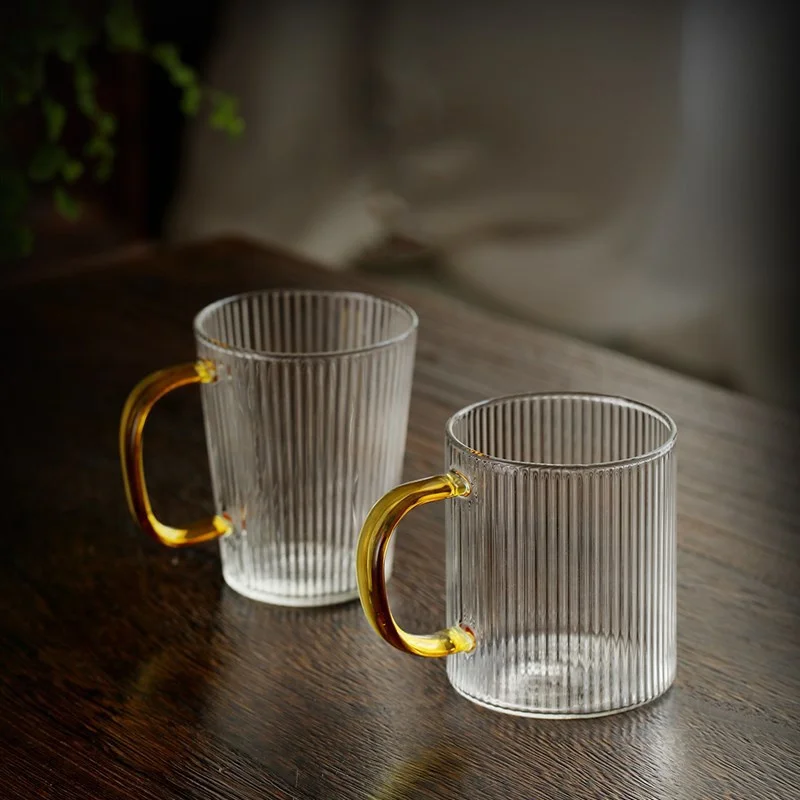 Classical Vertical Stripes Glass Coffee Mug With Golden Handle Milk Tea Cup Water Juice Beer Whiskey Cocktails Drinkware