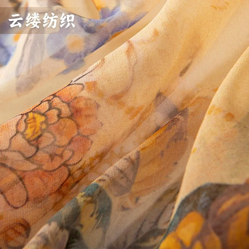 

Silk georgette fabric warm and oil painting flower cluster light tea break dress made of