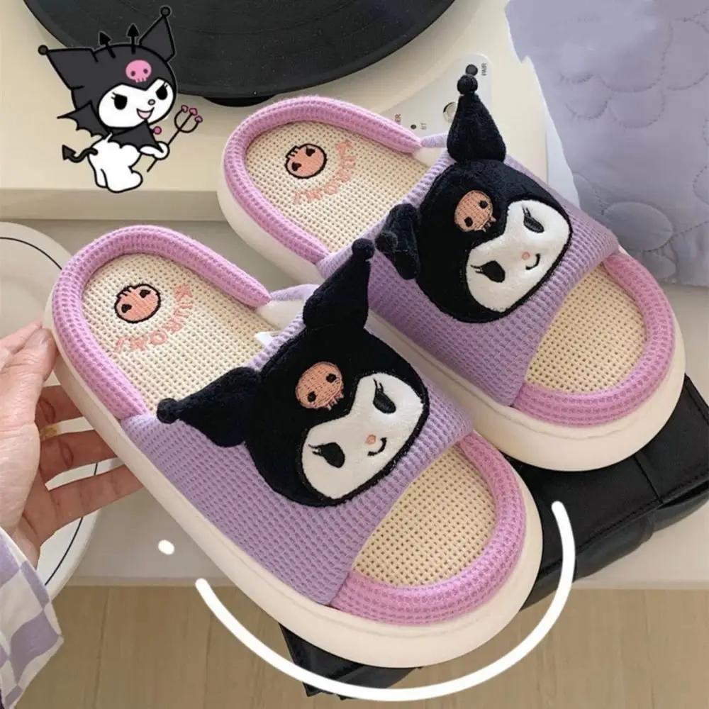 Cartoon Linen Slippers Sanrioed Hello Kitty Anime Kawaii Kuromi Cute Home Shoes Girls Non-Slip Thick Sole Shoes Summer Sandals