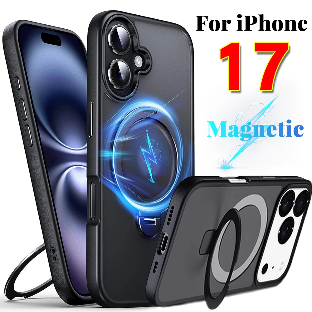 

Матовый магнитный чехол с металлической подставкой и кольцом для Magsafe iPhone 17 Pro Max/17Pro/17Air с защитной пленкой для объектива для беспроводной зарядки Magsafe