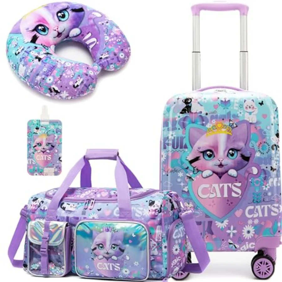 

Kid's Cute Cat Luggage Set 3 Pcs Suitcase Set 16" Hardside Luggage with Spinner Wheels Girls Carry on Toddler Suitcase with Tra