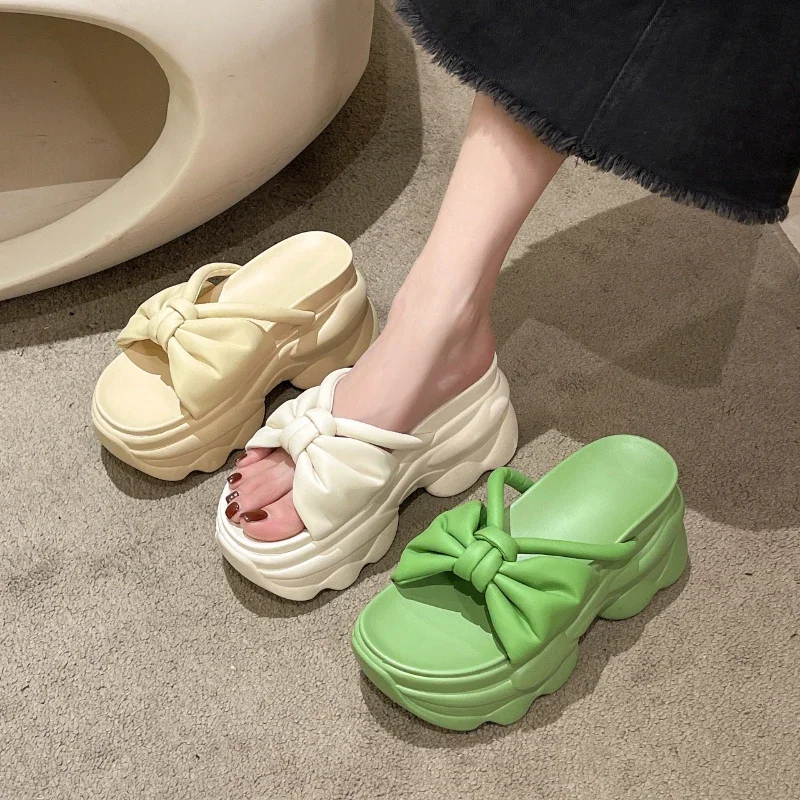 Bow Wedge Heel Korean Fashion Open Toe One Word Slippers Outer Wear Beach Sandals Slippers Women New Platform Women\'s Sandals