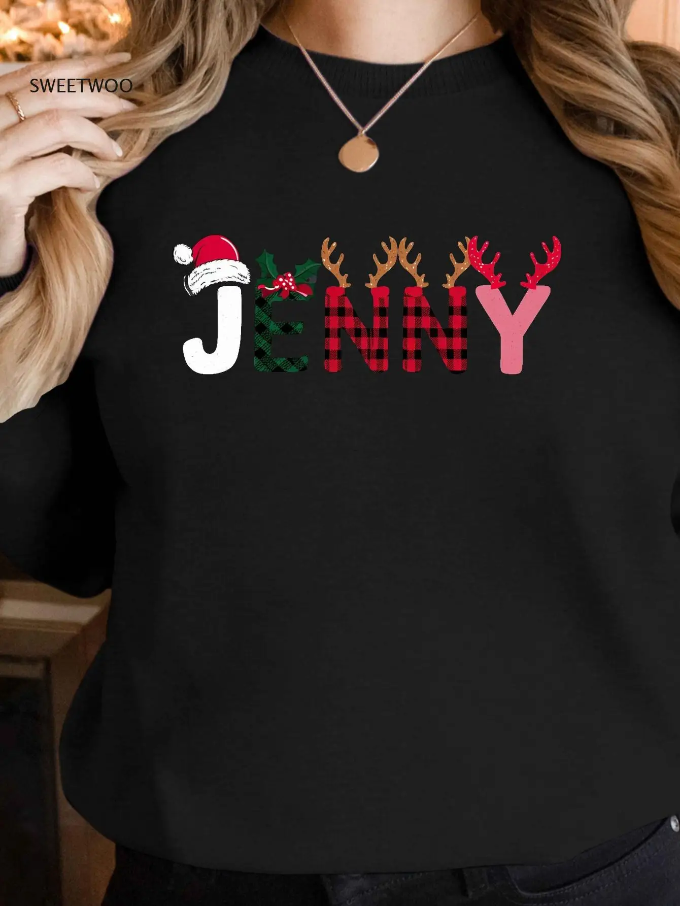 

Festive "jenny" Graphic Print Crew Neck Sweatshirt-Pink Plaid Design, Santa Hat & Reindeer Antlers,casual Holiday for Winter